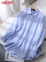 Tangada 2023 Women High Quality Blue Work Shirt Blouse Cotton Chic Female Office Lady Tops 6D160X