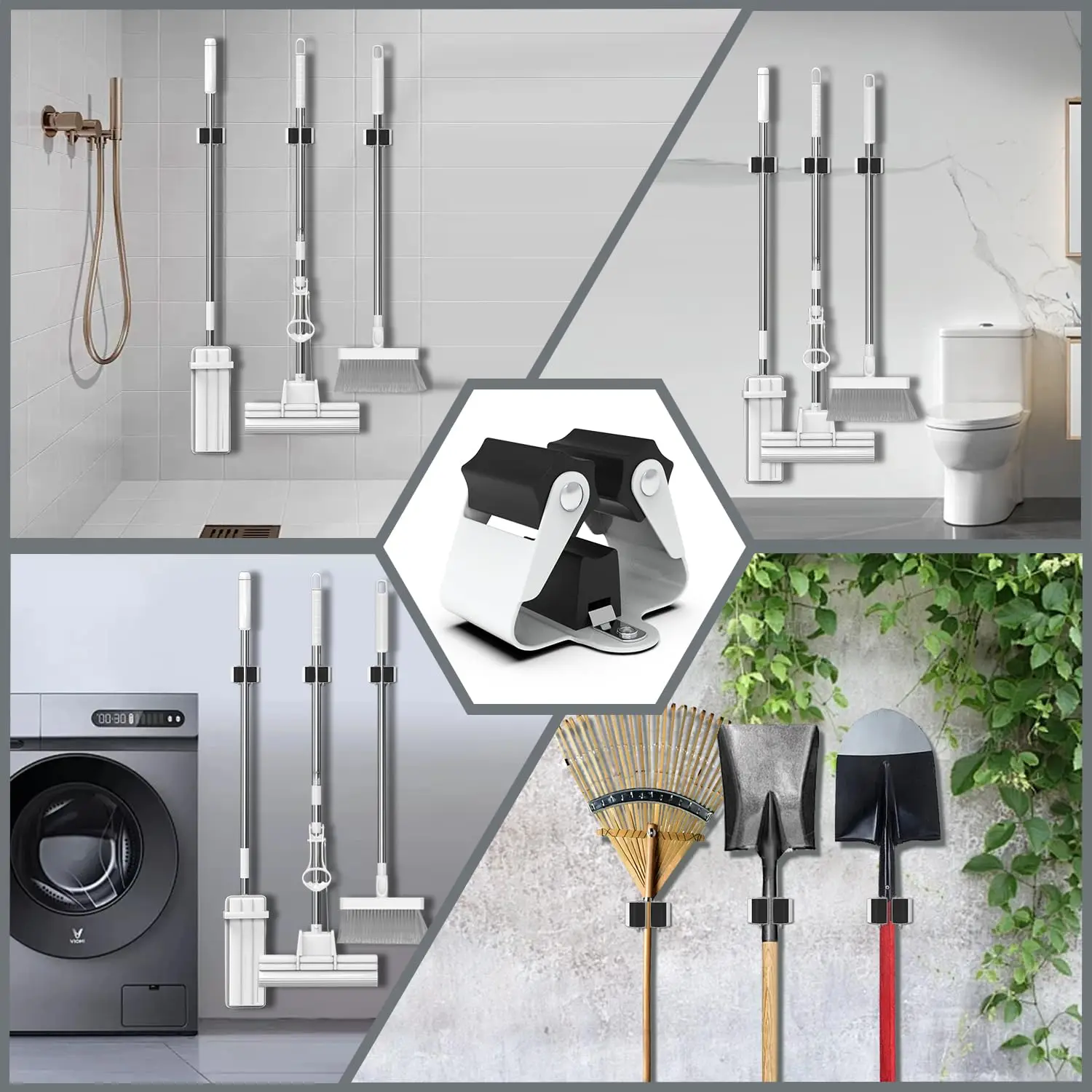 3-H Broom/Mop Holder Wall Mount Bracket For Hanging And Organizing Kitchen/Laundry/Bathroom/Shovel/Rake/Brush And Yard Tools