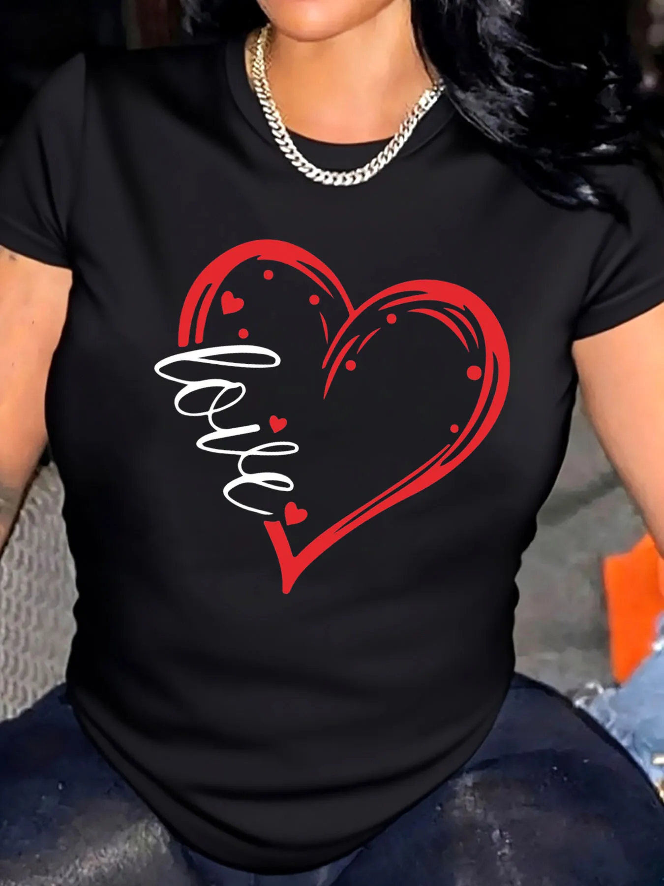T-shirt grande taille pour femmes, imprimé cœur de saint-valentin, amour pour l'extérieur