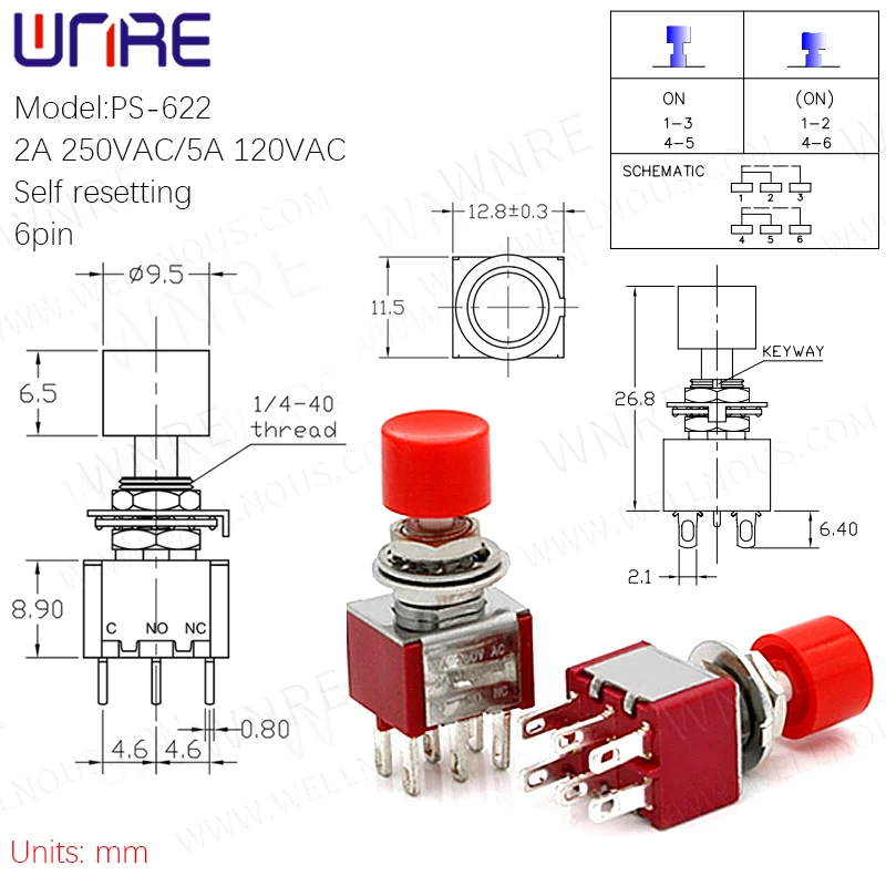 PS-622 Circular Red Cap Toggle Switch Reset 6pin Home Appliances Car Electronic Products Modification Aaccessories Button Switch