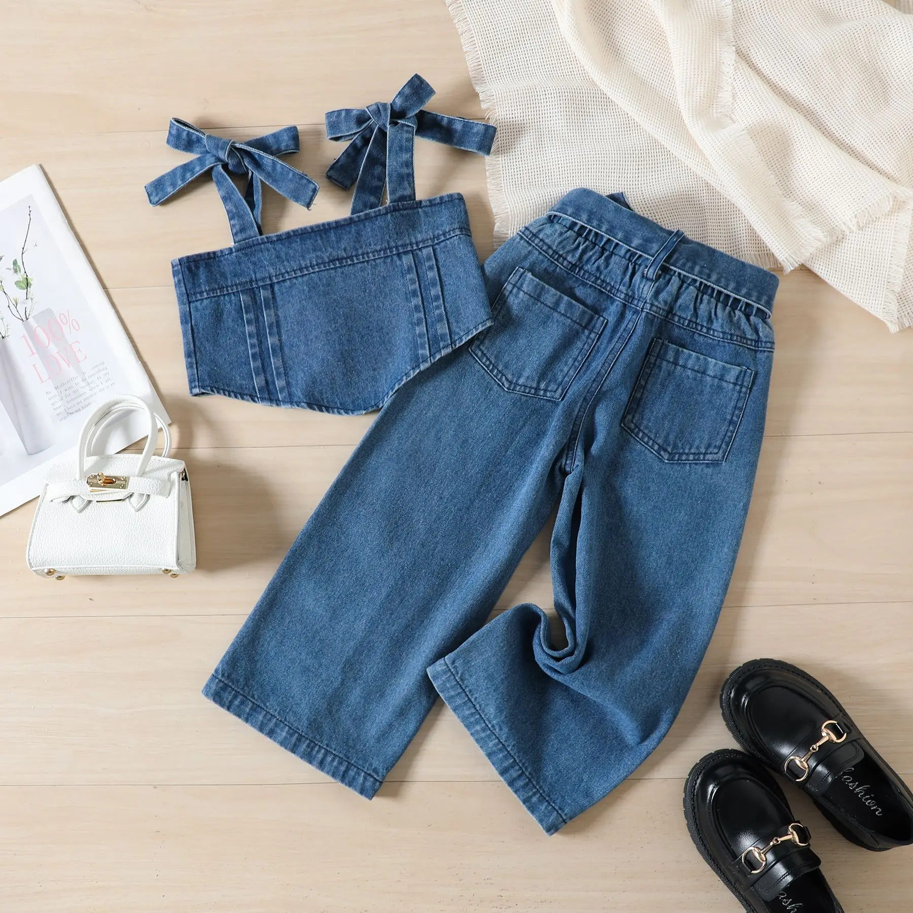 2 Stuk Sets 2025 Nieuwe Zomer Baby Meisje Kleding Koreaanse Mode Denim Mouwloze Blauwe Tops + Losse Jeans Boutique Kinderkleding BC322