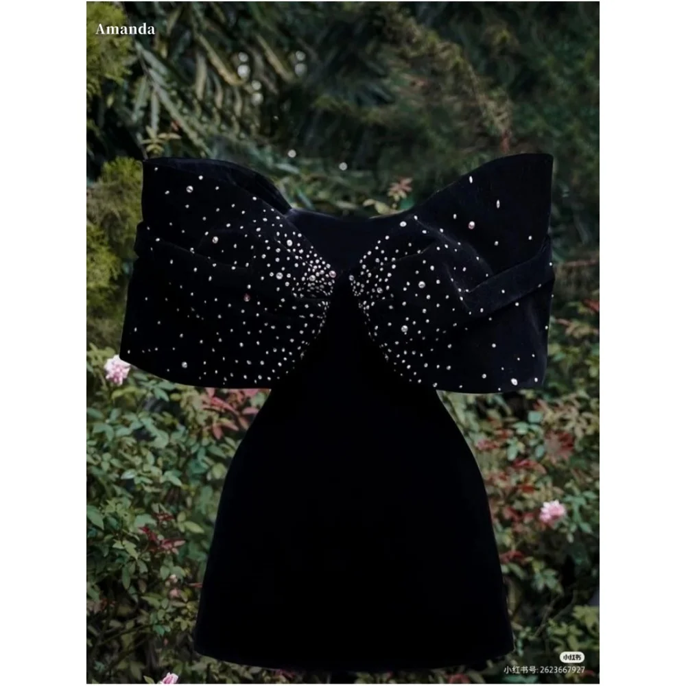 

Amanda Customized Black Glitter Bow Off the Shoulder robes de soirée Strapless Velvet After Party Short Skirt Prom Dress 2024