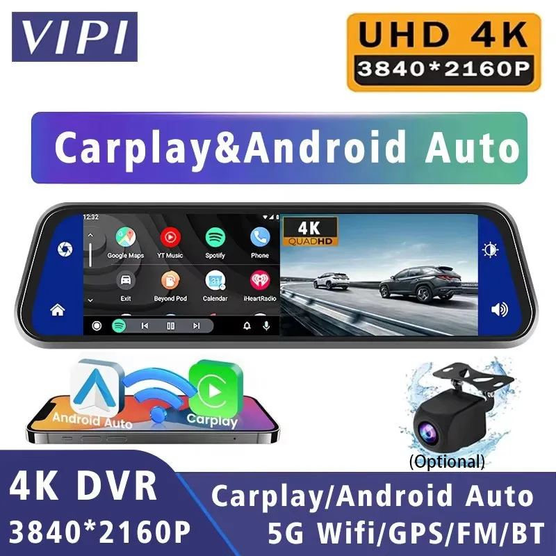 

10” 4K Dash Cam Carplay Android-Auto Car DVR Dual Len 5G Wifi GPS Bluetooth FM Video Drive Recorder Stream Mirror Dashcam Camera