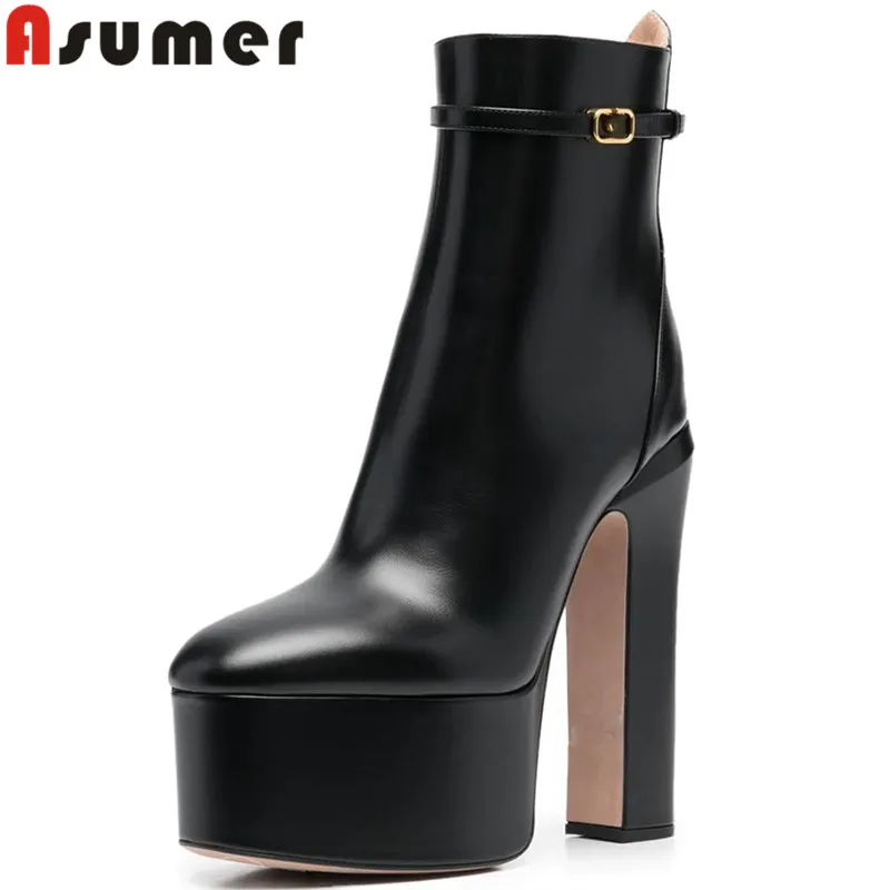 

ASUMER 2024 Size 34-43 New Arrive Genuine Leather Zipper Ankle Boots Thick High Heels Boots Woman Ladies Platform Shoes