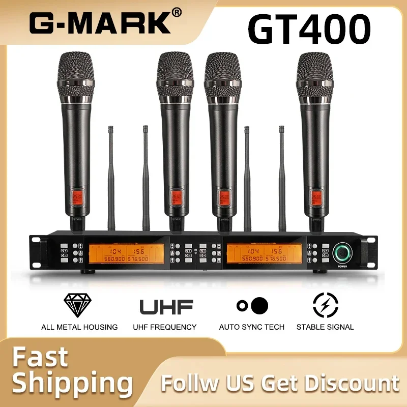 Wireless Microphone G-MARK GT400 Professional 4 Channels Metal Body Frequency Adjustable For Stage Church Party School Meeting