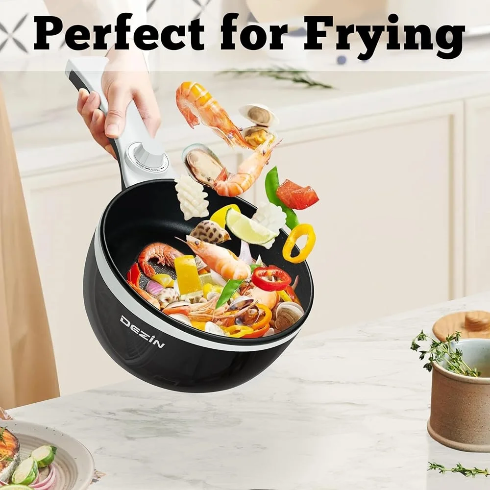 Electric Hot Pot with Steamer Non-Stick Sauté Pan 1.5L Travel Cooker Rapid Noodles Eggs Steak Rice Spatula Included