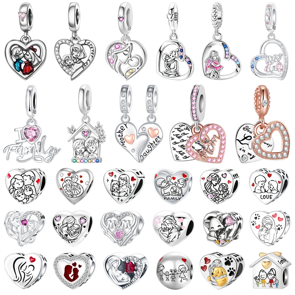 Nuevo Colgante Original de Plata de Ley 925 con Forma de Corazón Familiar para Pulsera y Collar, Ideal para Joyería DIY de Mujer, Regalo del Día de la Madre