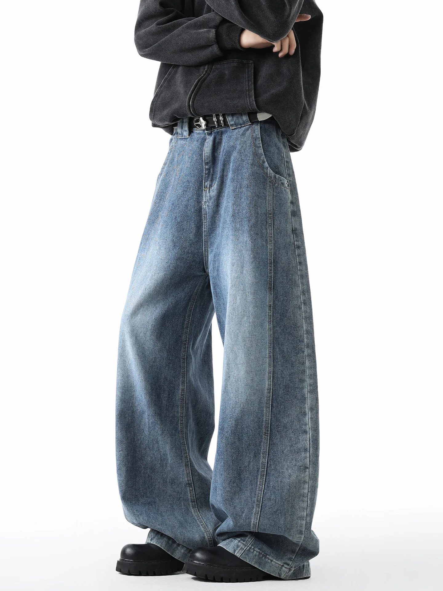 

American Style Wide Leg Men's Jeans Autumn Winter Loose Straight Casual Draped Floor-Length Washed Vintage Men's Pants