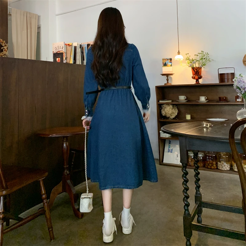 Large Size S-5XL Denim Long Dresses For Women Spring Autumn Female Stand Collar Long Sleeve Lacework A Line Blue Casual Vestidos