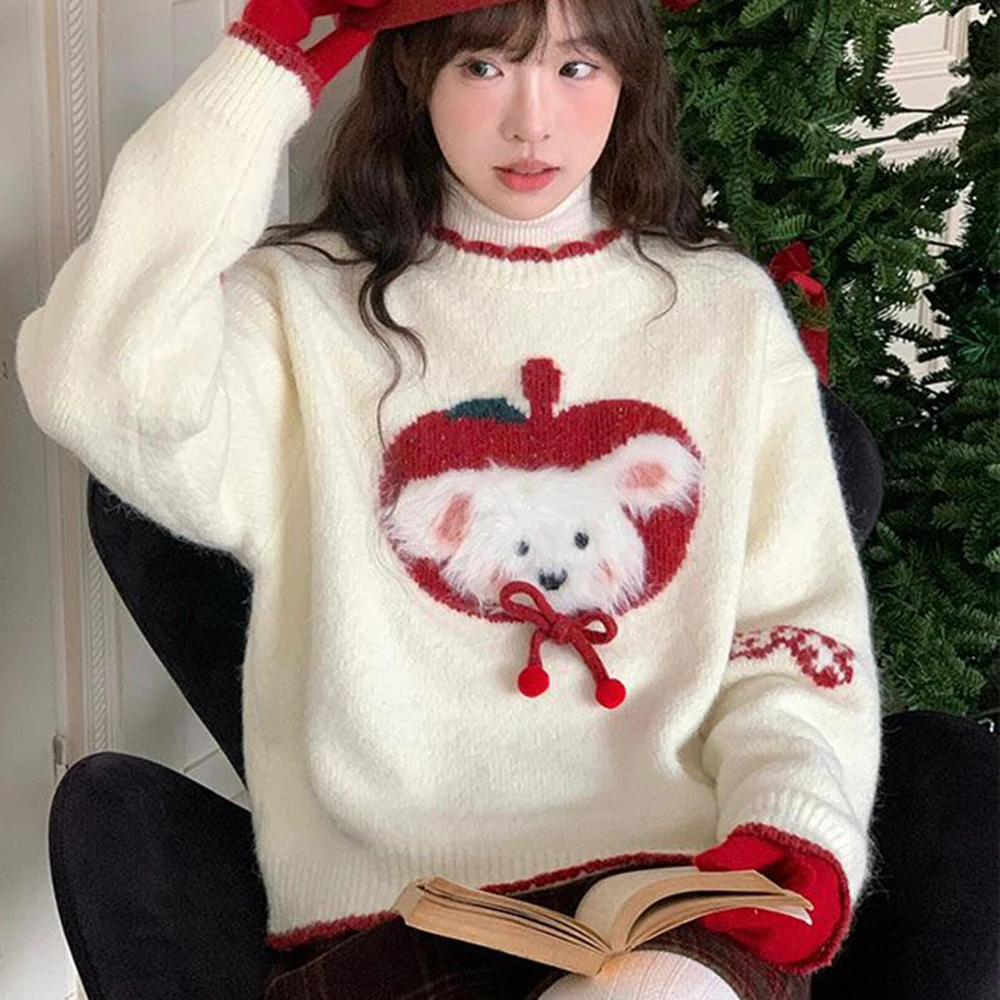 

Sweet and gentle furry bear jacquard pullover for schoolgirls autumn and winter casual versatile knitted top