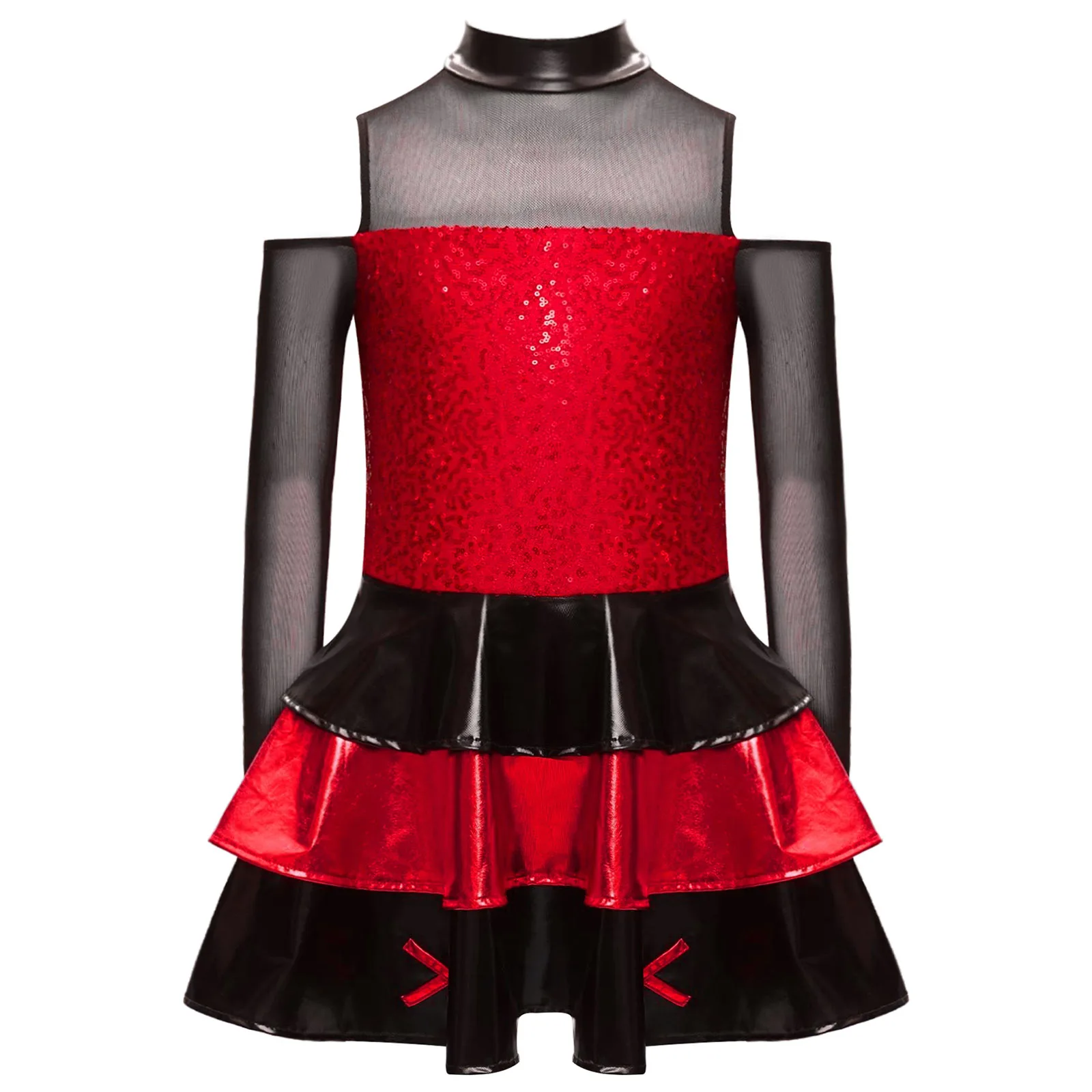 Robe de danse pour filles, Patchwork, valse, Jazz, salle de bal, manches longues, brillante, à plusieurs niveaux, à volants, Mini robe pour vêtements de danse sur scène Jazz