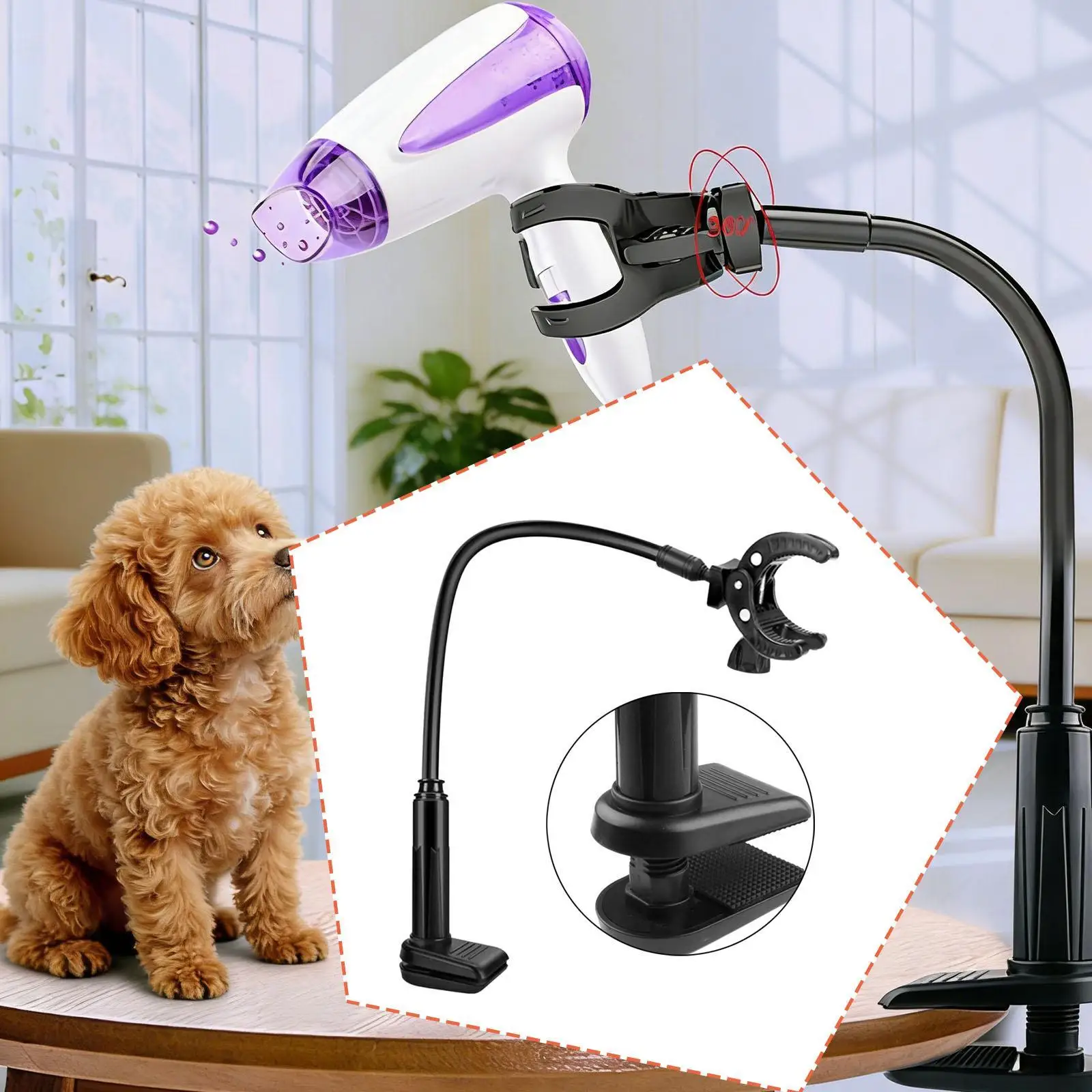 Hands Free Pet Grooming Hair Dryer Stand with Gooseneck Arm Rotatable Clamp Dryer Holder for Dogs Cats Salon Accessories view 3