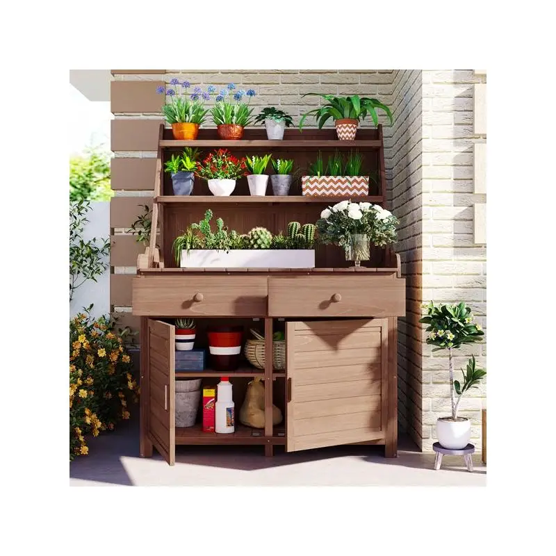 

65-дюймовый садовый стол-камья, рабочая станция для еловой с местом для хранения, ящиком и шкафом, коричневая отделка