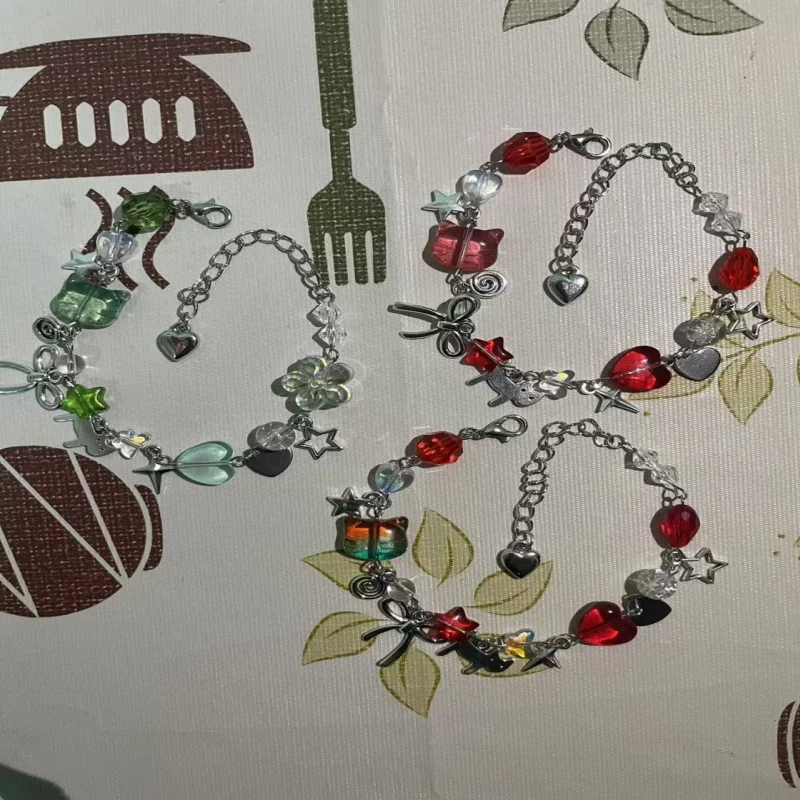 Y2K Trio Friendship, Charm Bracelet, Garden Shed core theme, red pink green color