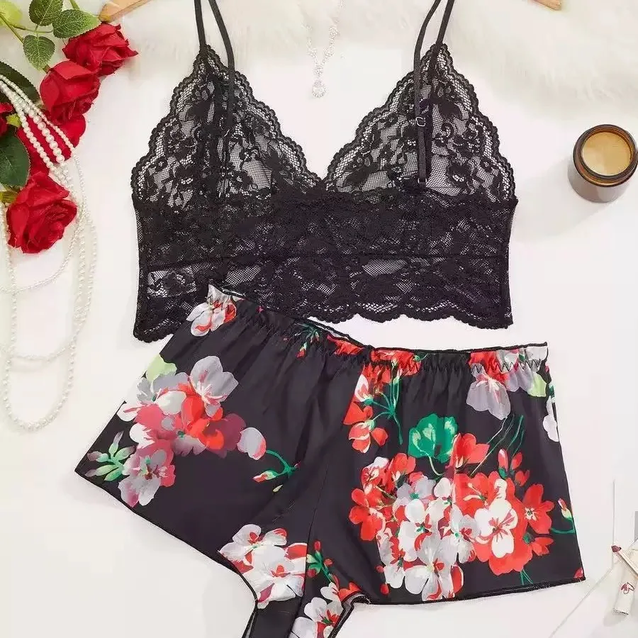 Women Floral Print 2 Piece Pajama Set Lace Spaghetti Strap Cami Top Bow Decor Satin Shorts Soft Silky Loungewear Ladies Sleepwea