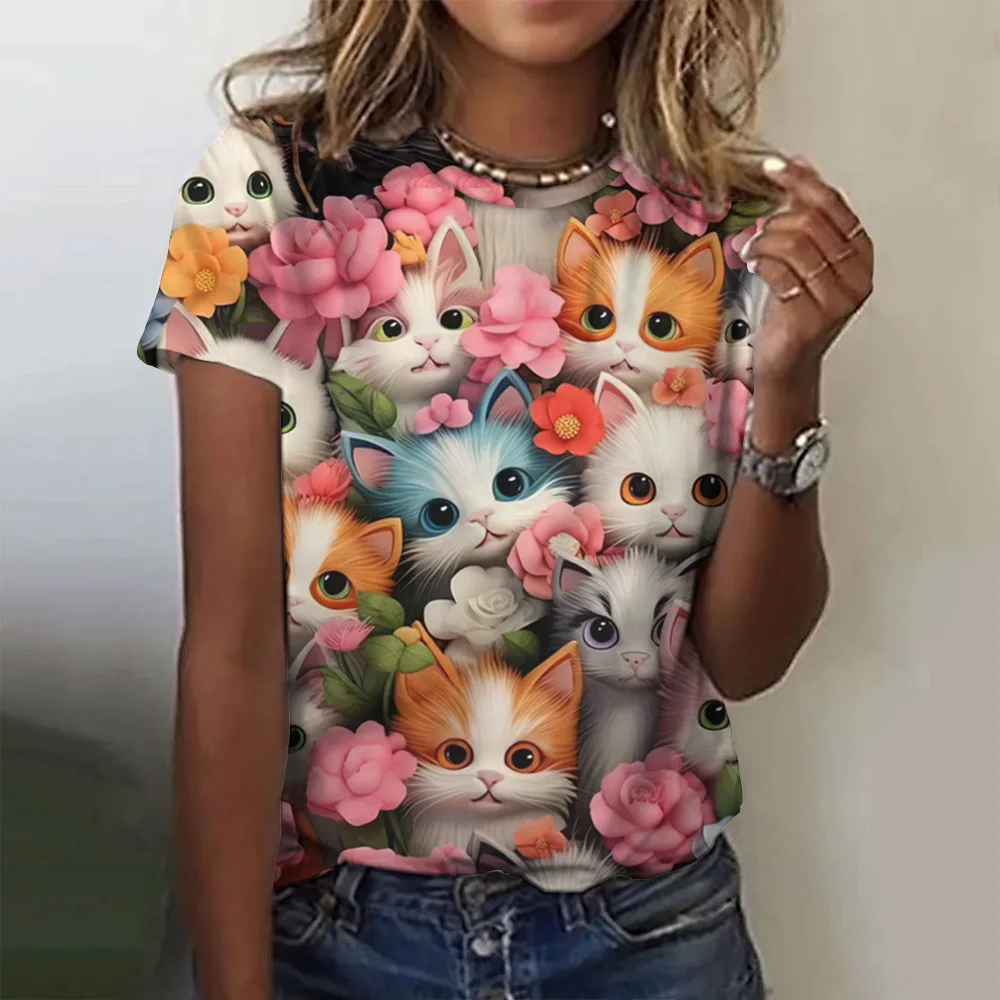 Cartoon Cat 3D Print Kitten T-Shirts Women Fashion O-Neck Short Sleeve T Shirt Y2k Harajuku Oversized Tees Tops Female Clothing