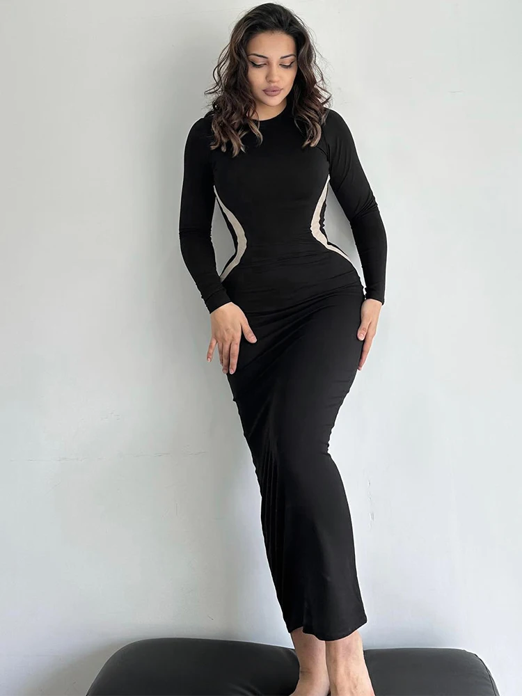 Hugcitar Color Block O Neck Long Sleeve Sexy Bodycon Slim Maxi Prom Dress  2025 Fall Women Elegant Party Streetwear Clothes Y2K - AliExpress 200000345
