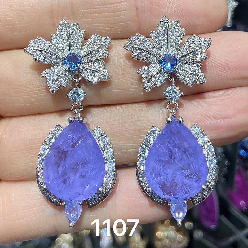Luxury Earrings for Women Trendy Zircon Purple Flower Water Drop Dangling Earrings Wedding Bride Jewelry Gift Female