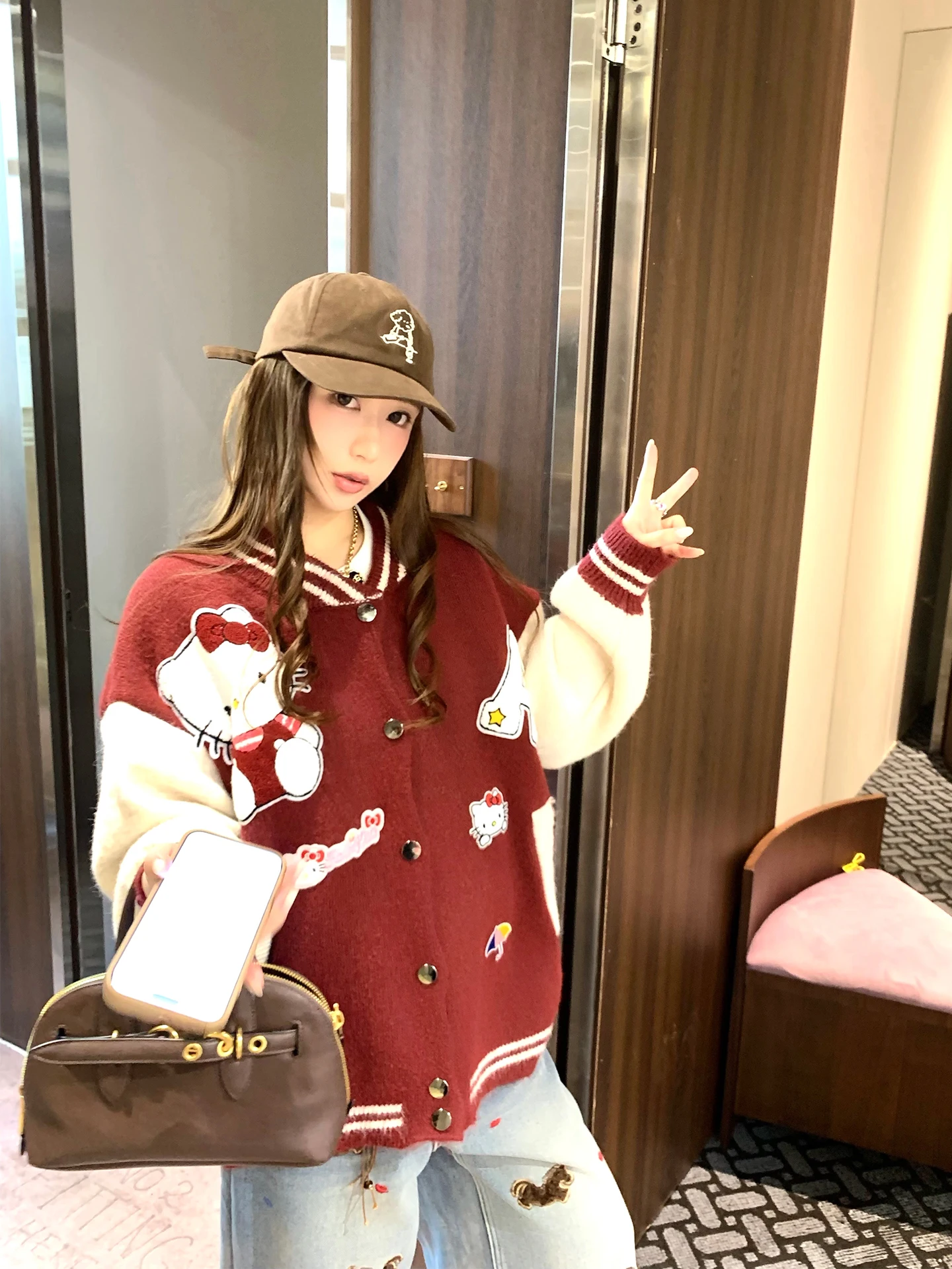 

Xuekeke Bury Kit Knitted Cardigan Women's Autumn Winter Color Blo Design Baseball Sle Top Casual Long Sve Coat