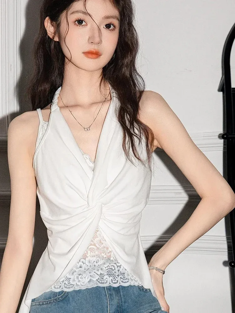 White Lace Patchwork Tanks Women Sexy Sleeveless V Neck Vest Tops Casual Simplicity Print All Match Lady Vest Tops New - Image 3