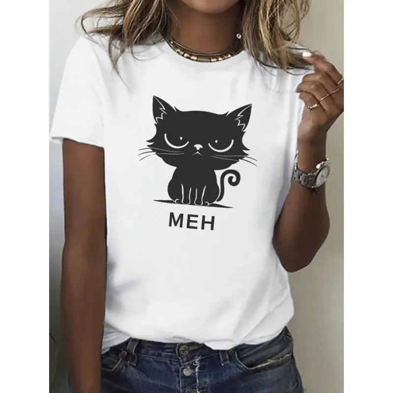 

Women's 100% Cotton Relaxed Fit T-Shirt With Playful Black Cat & MEH Graphic Print - Breathable Round Neck Short Sleeve Casual