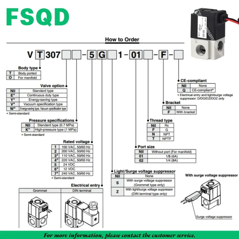 1PC 3 Port Solenoid Valve Direct Operated Poppet Type VT307-5DZ-01 VT307-5DZ1-01 VT307V-5DZ-01 VT307 Series FSQD