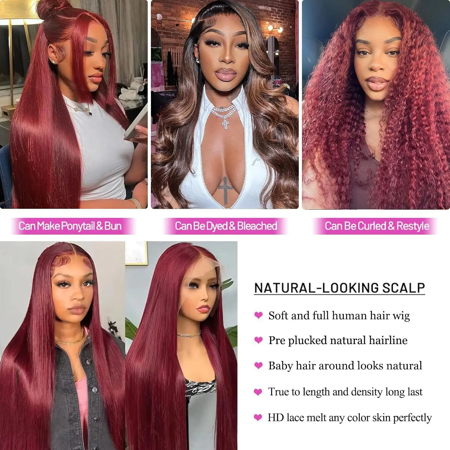 30 Inch 99j Burgundy Lace Front Wigs Human Hair Pre Plucked Straight 13x4 HD Lace Front Wigs 200 Density Baby Hair Around