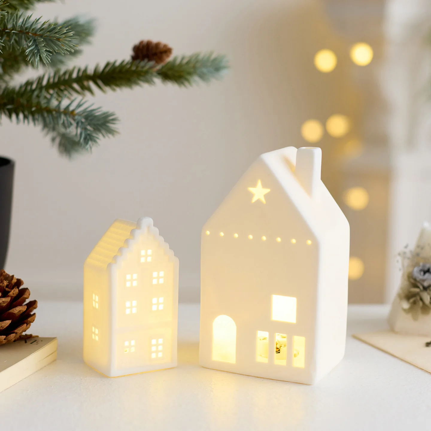 Nordic Style Ceramic Small House Luminous Ornament Christmas LED Light House Home Desktop Window Holiday Decoration Process