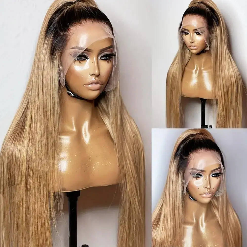 Ombre Honey Blonde Lace Wigs for women DArk Brown with Blond Highlights Straight Long Wig for Women Synthetic Hair High Quality