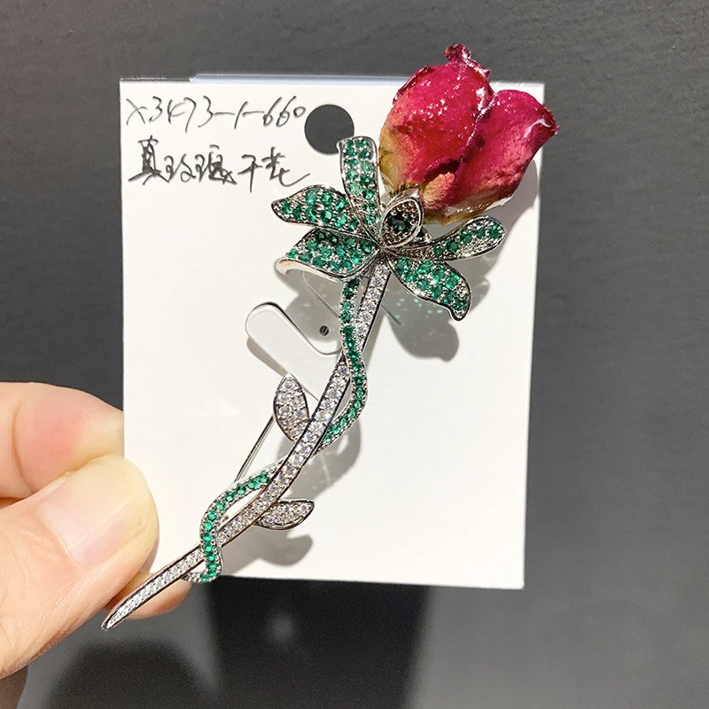 Elegant Baroque Freshwater Pearl Real Rose Dried Flower Brooch Pin Luxury Zircon Brooches High-grade Accessories Banquet Jewelry