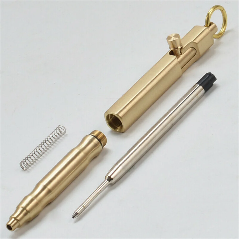 Portable Solid Brass Bolt  Action Pen With Ring Square Shape Retro Style Pocket Business Signature Pen Decent Gifts For Friends