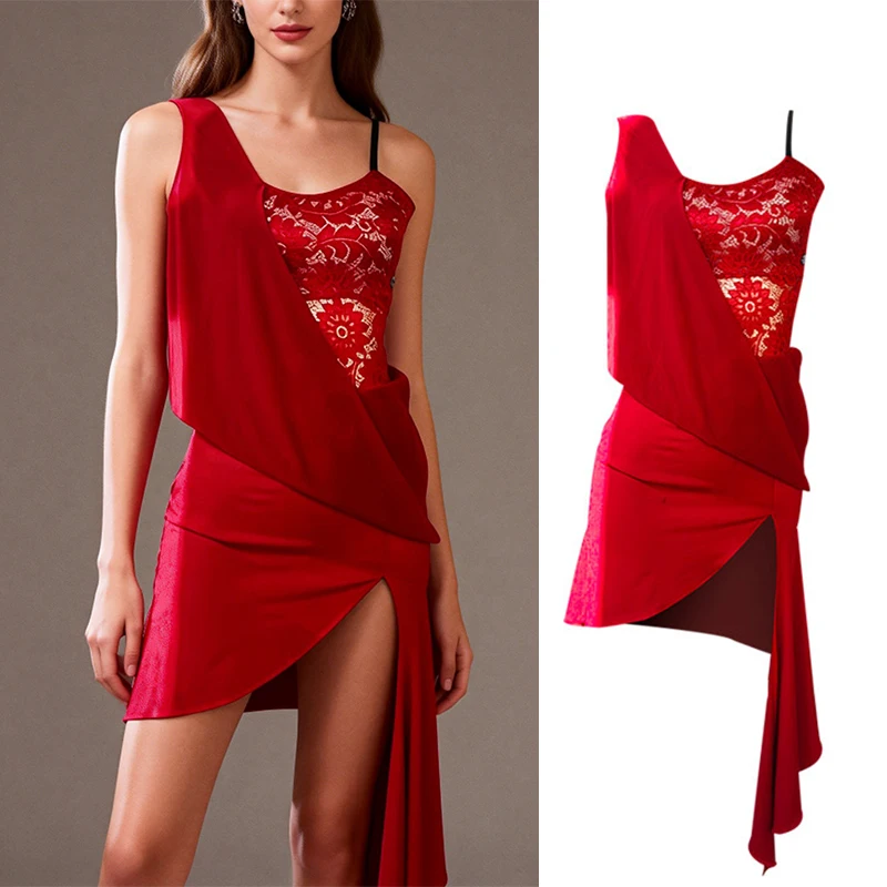 2026 Sexy Women Dress Latin Dance Costumes Red Lace Patchwork Irregular Dress Performance Dress Tango Latin Dance Wear DN22847