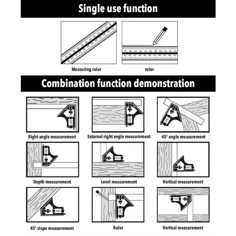 Angle Square Measuring Tools Precise Stainless Steel Adjustable Multifunctional Combination Try Square Set Right Angle Ruler