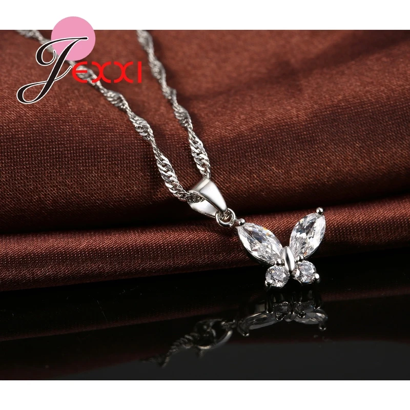 Women Best Gift  Sterlling Silver Cubic Zirconia Cute Butterfly Pendant Necklace Crystal Drop Earrings Brincos Collar