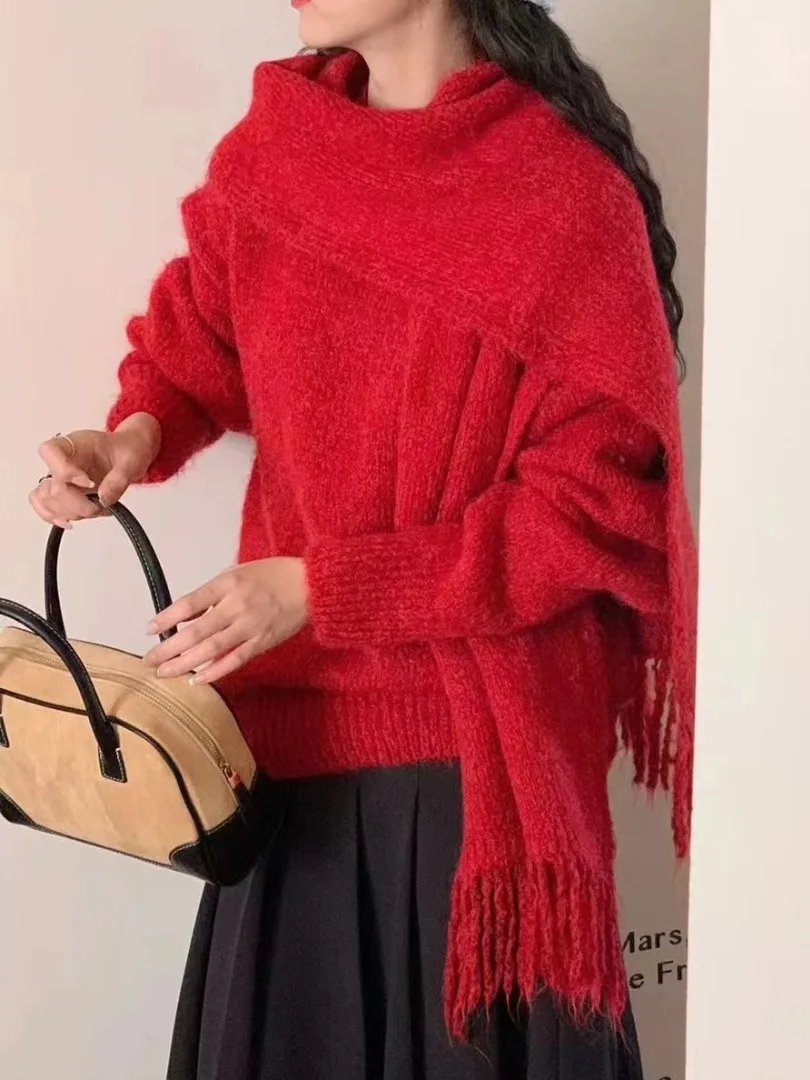 سترة نسائية محبوكة فضفاضة طويلة من Sve سترة تريكو كورية مستديرة Ne باللون الأحمر مع وشاح كسول Sle شتوي Aosphere Faion