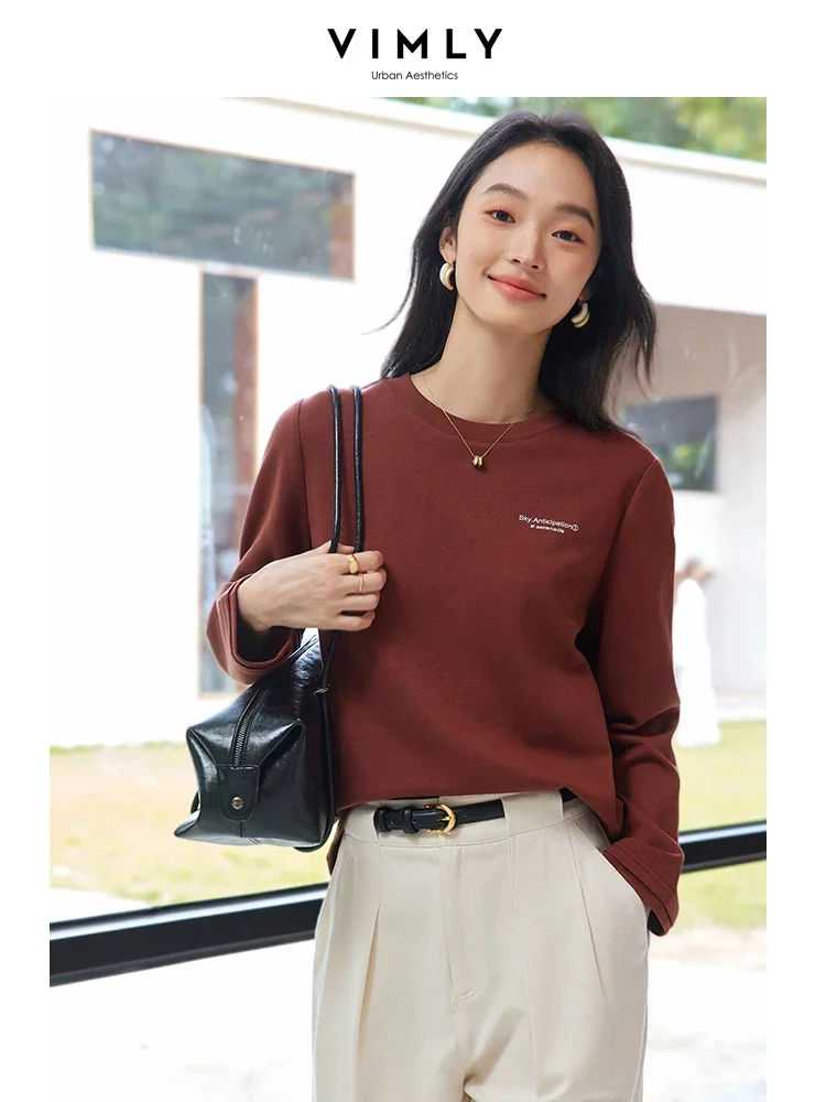 VIMLY Women Simple Spring Tees Letter Print Casual Red Long Sleeve Tops Round Neck Female Office Lady T-Shirts New Year's Wear