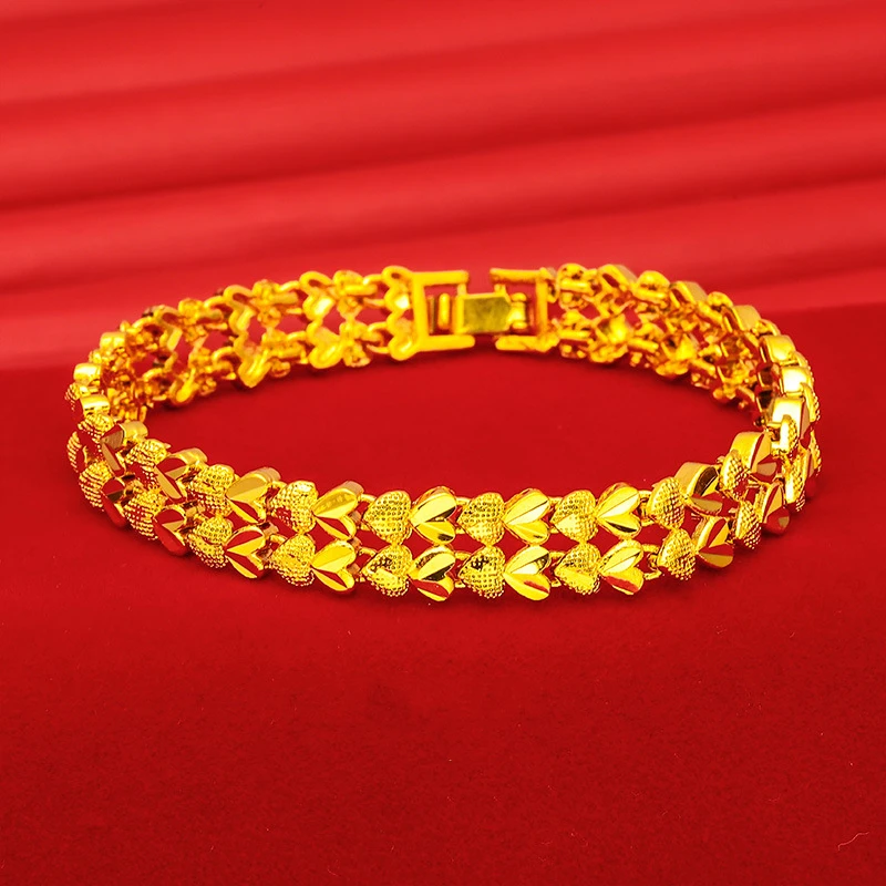 XT Fashion 24K Real Gold Color Bracelet 8mm Wide For Women Men\'s Elegant Gold Plated Chain Bracelets Jewelry Gifts 18.5cm