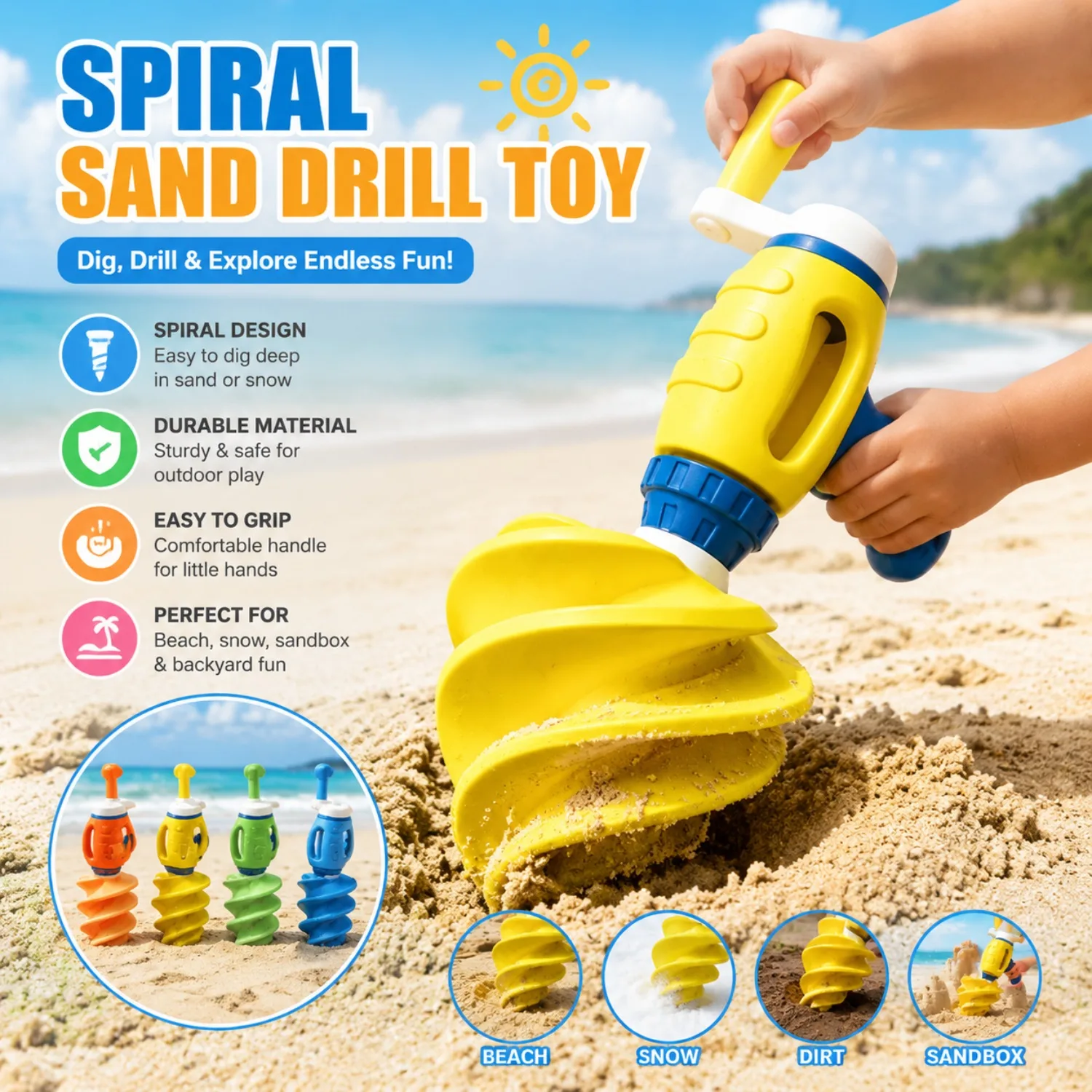 Sand Drill Toy for Kids Outdoor Play, Spiral Beach Digger Tool, Sandbox Excavator Toy for Sand Snow Dirt Backyard Activities