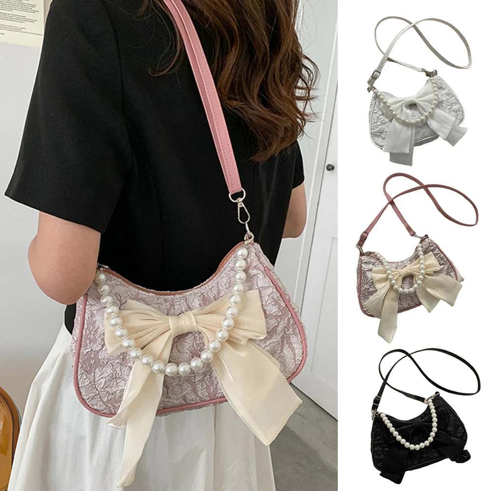 

Ins Pearl Bow Crossbody Bags Women'S Shoulder Bag Purses Big Bow Ribbon Underarm Bags 2024 New Trend Female Designer Handbag