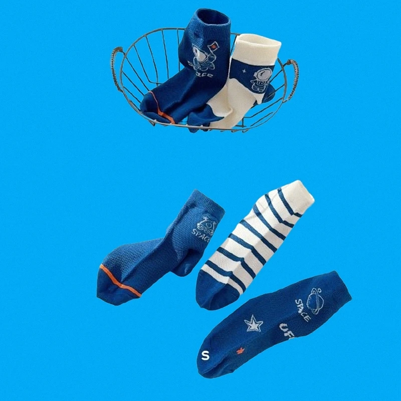 Chaussettes en coton peigné pour garçons, maille fine, chaussettes décontractées respirantes pour enfants, couleur bleue, 5/10 paires, printemps et été, nouveau, 2024