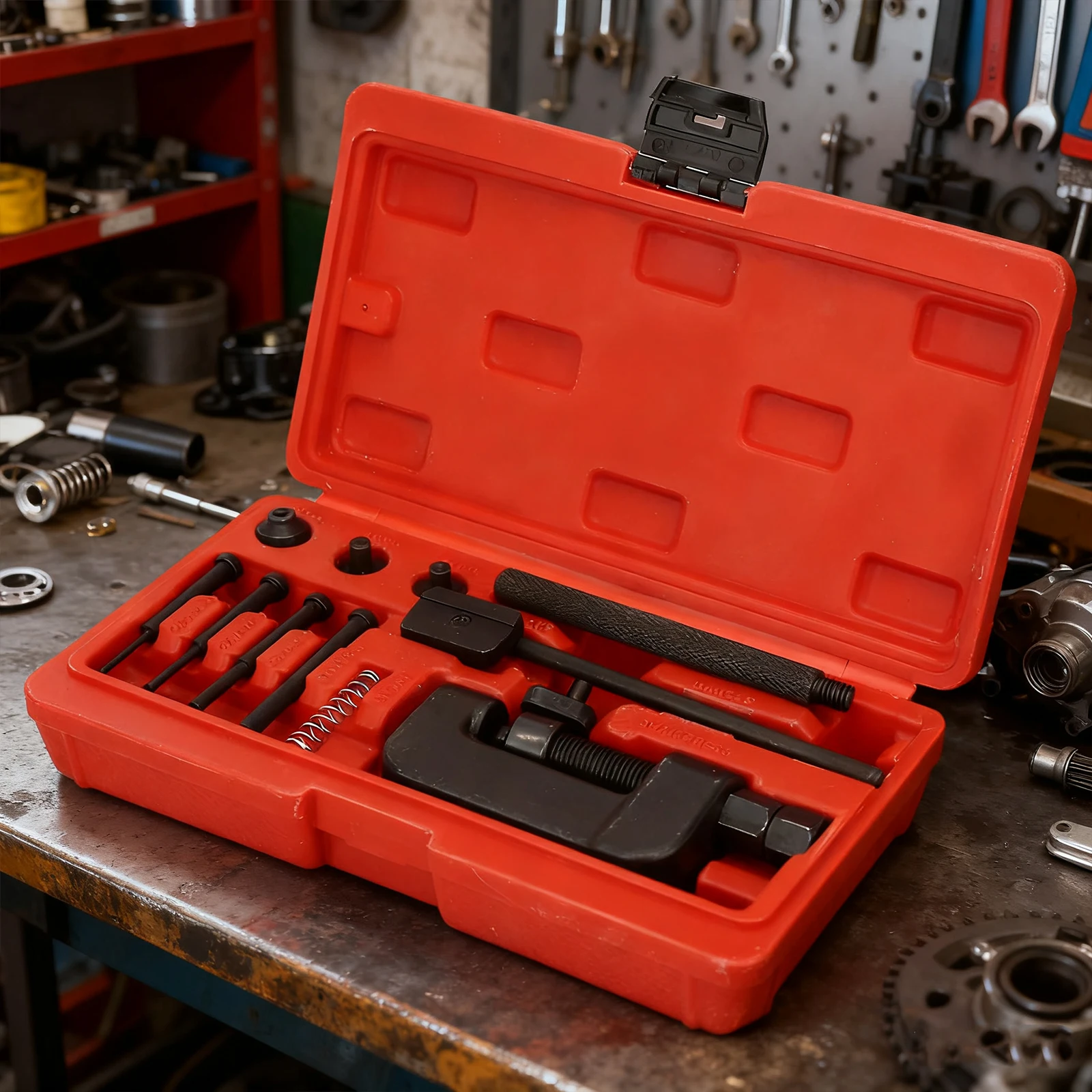 

13Pcs Motorcycle Riveting Repair Tool Kit Red Case Motorcycle Bike Heavy Duty Splitter Link Riveter Set Cam Drive Chain Breaker