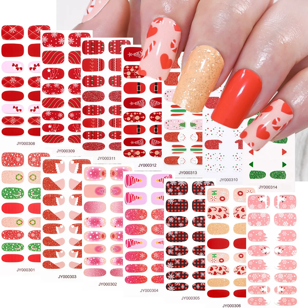 16tips Red Green Christmas Nail Sticker Xmas Tree Snowflake Snowman Self Adhesive Decals Full Cover Nail Wraps DIY Decoration