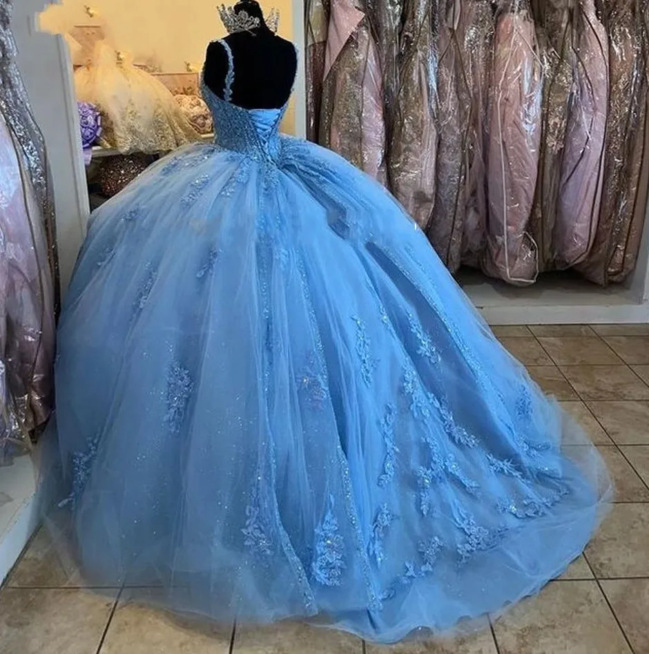 Aangepaste Nieuwe Sweet 16 Prinses Kralen Quinceanera Jurken 2024 Spaghettibandjes Blauwe Baljurk Jurk Gala Vestido De 15 Anos