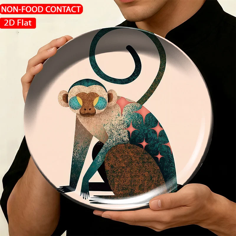 1pc FORJN Modern Teal Monkey Wall Plate - Round Ceramic Decorative Plate Suitable, Living Room,, Non-Food Contact Monkey-Themed