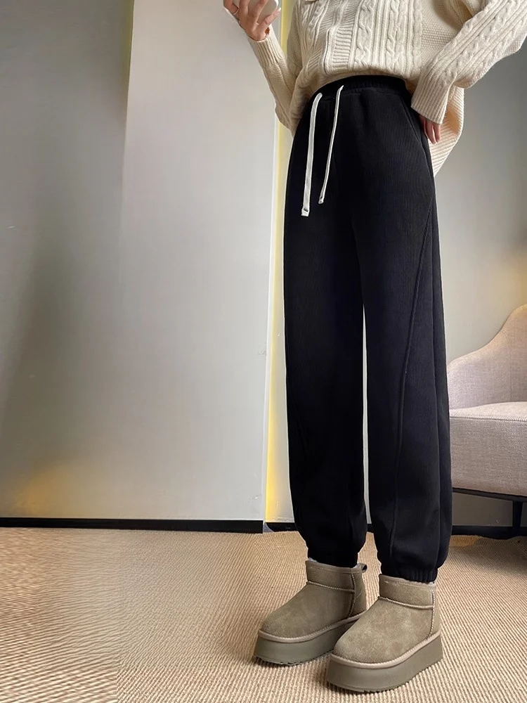 Lamb Velvet Drawstring Sports Pants Women's Autumn Winter Thickened Fleece Loose Warm Harlan Mom Pants Casual Trousers