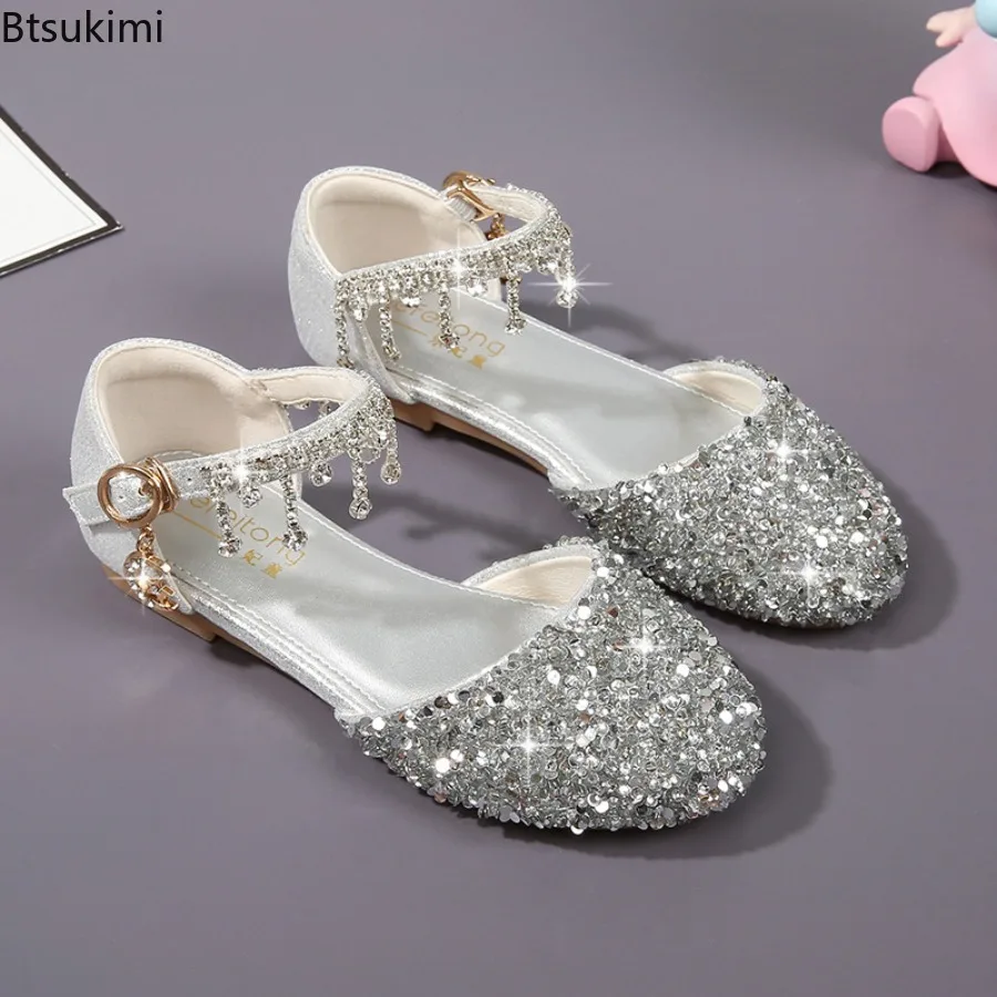 Fashion Kid Sequin Leather Shoe 2026 Summer Sequin Princess Shoe Crystal High Heel Sandals Kid Shoes Girl Shiny High Heels Shoes