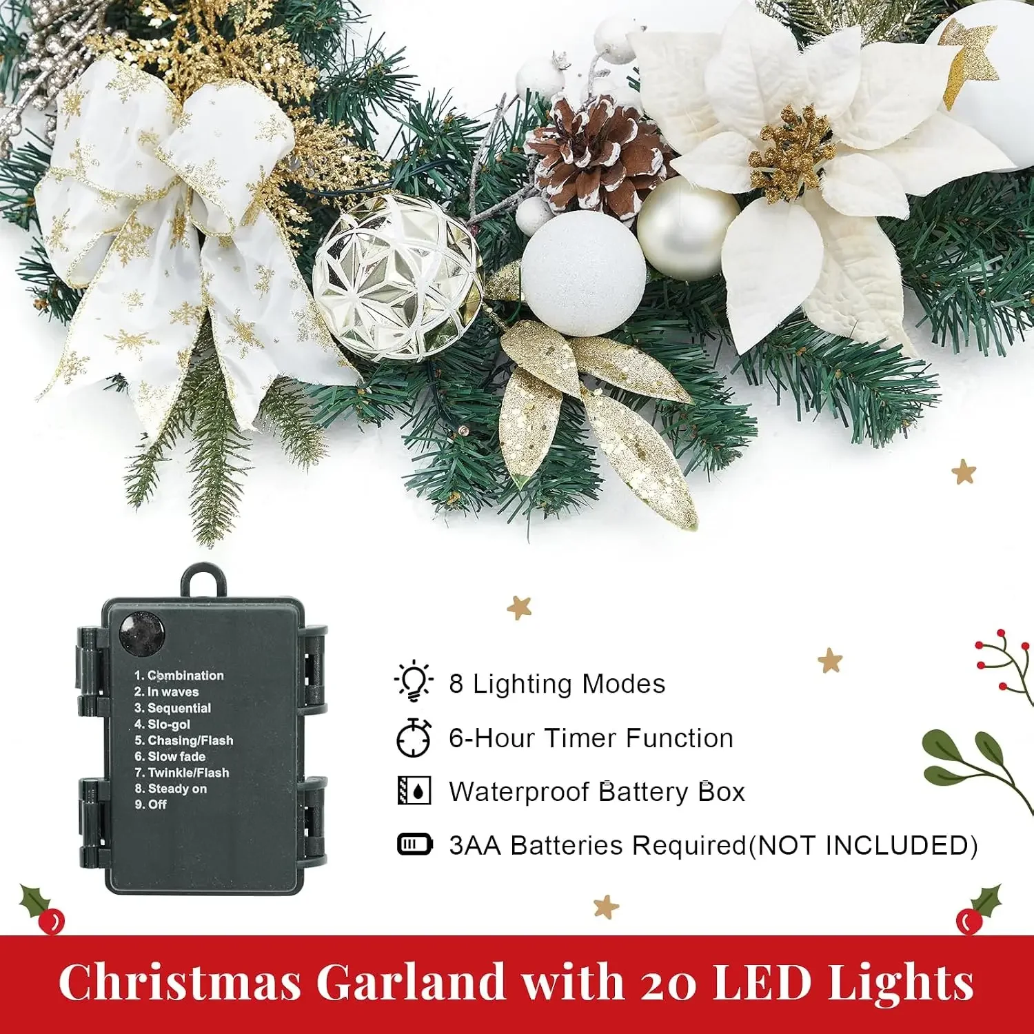 Garvee 6ft Pre-Lit Christmas Garland Artificial Light Up Garland Hanging Decoration for Xmas Tree, Home Party Door Fireplace Stair Decor Indoor/Outdoor Use with 20 Warm White LEDs, Timer & Bow view 6