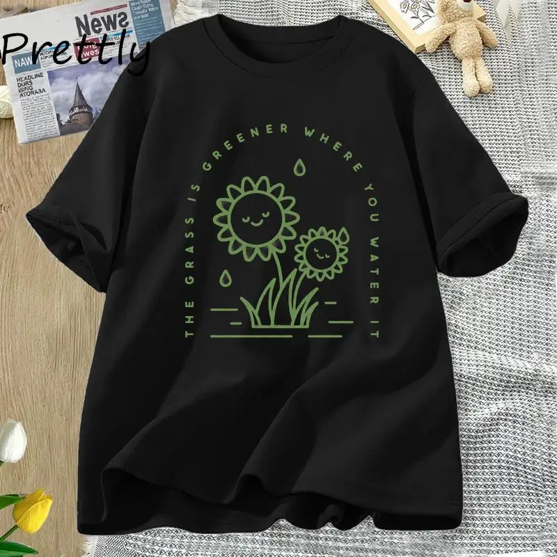 Забавная футболка с растительным принтом, женская хлопковая футболка с коротким рукавом, летняя футболка Casusl The Grass Is Greener, женская одежда унисекс