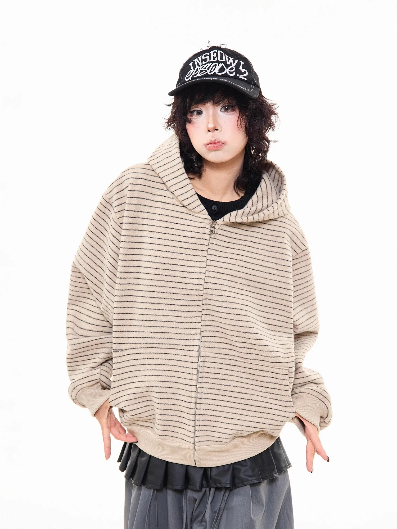 American Retro Fce Stripe Zipper Open Cardigan Loose Women's Hoodie Autumn Simple Versatile Couple ort Outerwear