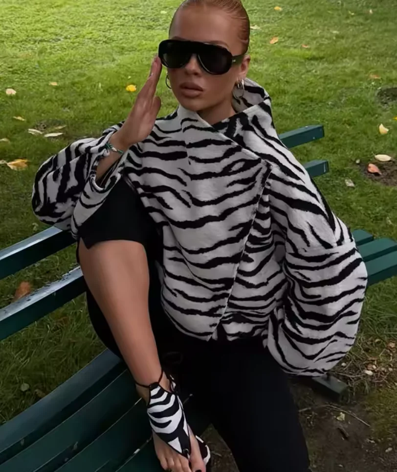 Women's Zebra Print Loose Coat, Elegant Design, High Collar, Drop Shoulder Style, Plus Size, Suitable for Streetwear in Autumn and Winter